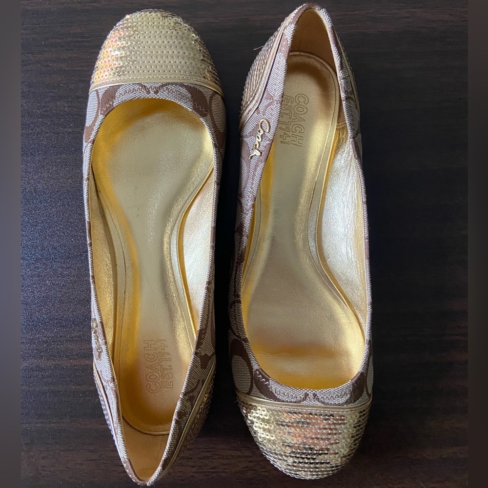 COACH SHINE BEIGE BROWN & GOLD SEQUIN BALLET NEAR-VINTAGE FLATS SIZE 9B